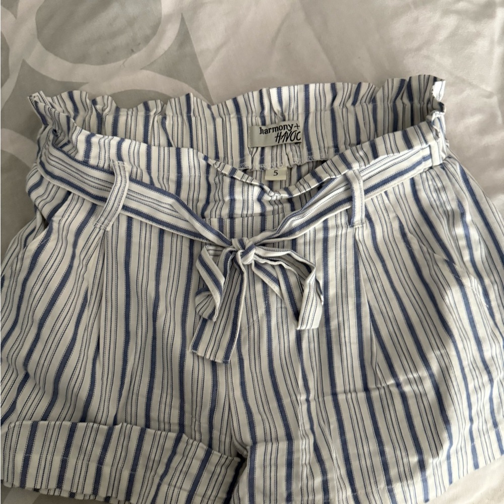 Blue and White High Waist Paper Bag Shorts